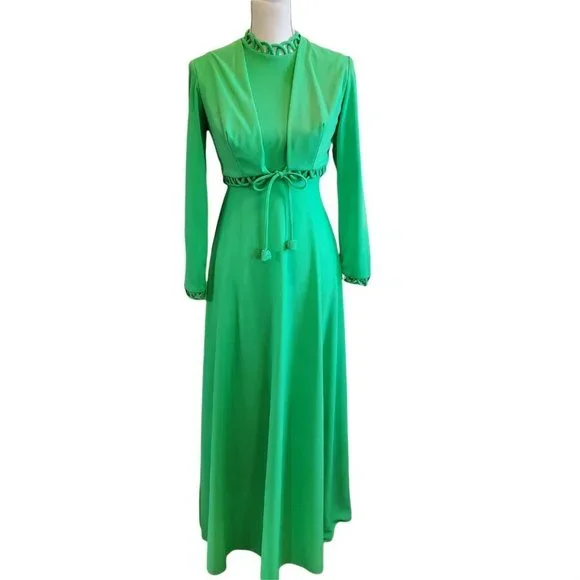 Vintage 70s 2‎ Piece Dress Set Green Polyester High Neck Floor Length Sz Small - Picture 2 of 12
